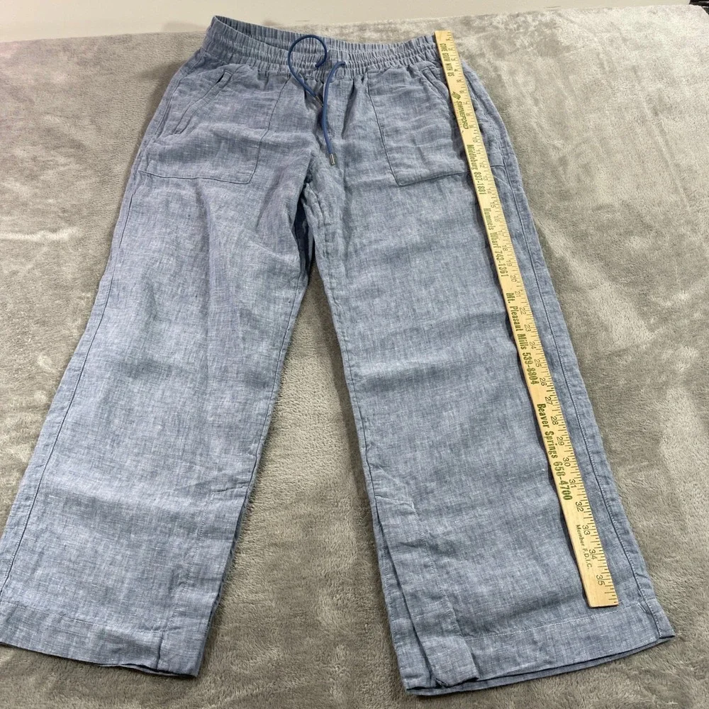 Athleta Pants Women 10P Blue Linen Wide Leg Drawstring Elastic Waist Petite